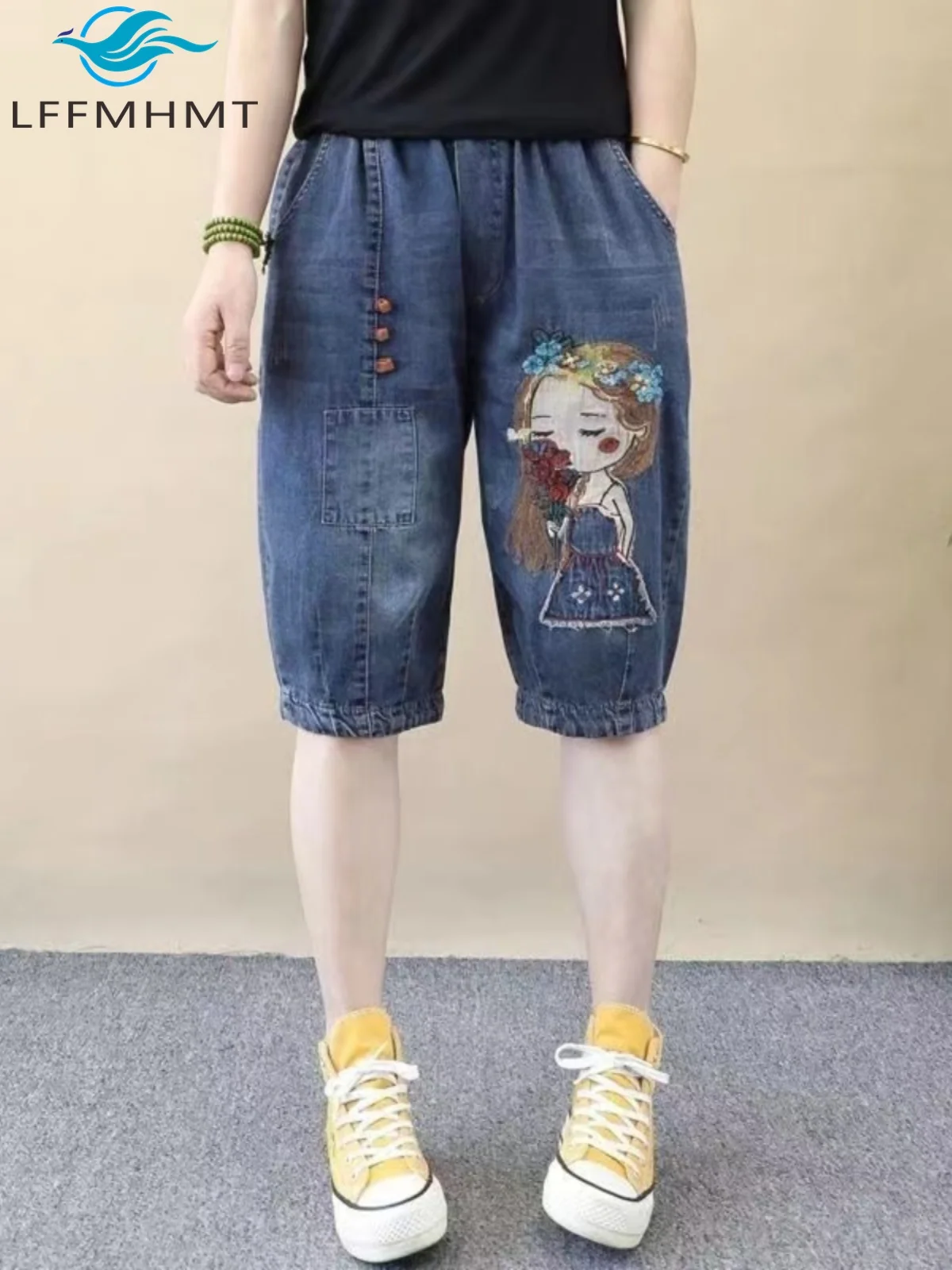 

Винтажные джинсовые шорты в китайском стиле с вышивкой для милых девушек для женщин, летние модные свободные повседневные джинсы с эластичной резинкой на талии средней длины