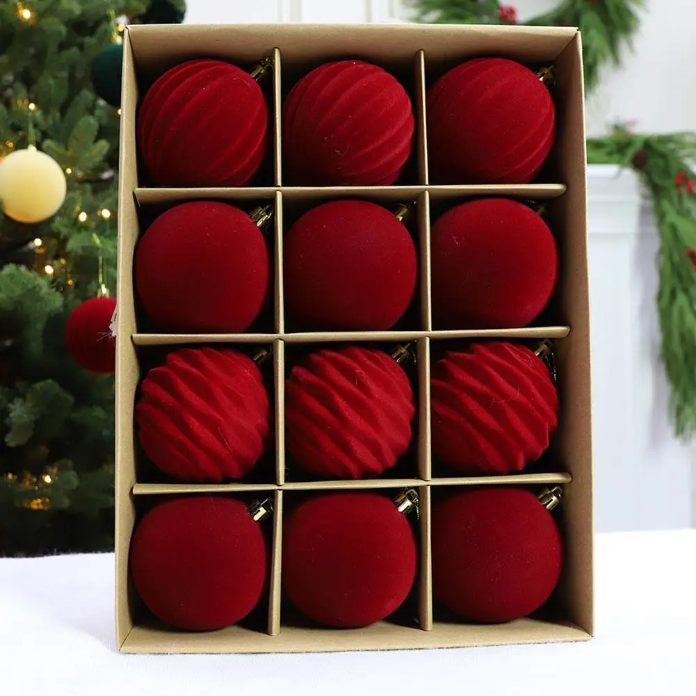 12Pcs Christmas Ball Ornaments Solid  Flocked Velvet Balls For Xmas Tree Decorations Home Xmas Party Navidad Wine Red