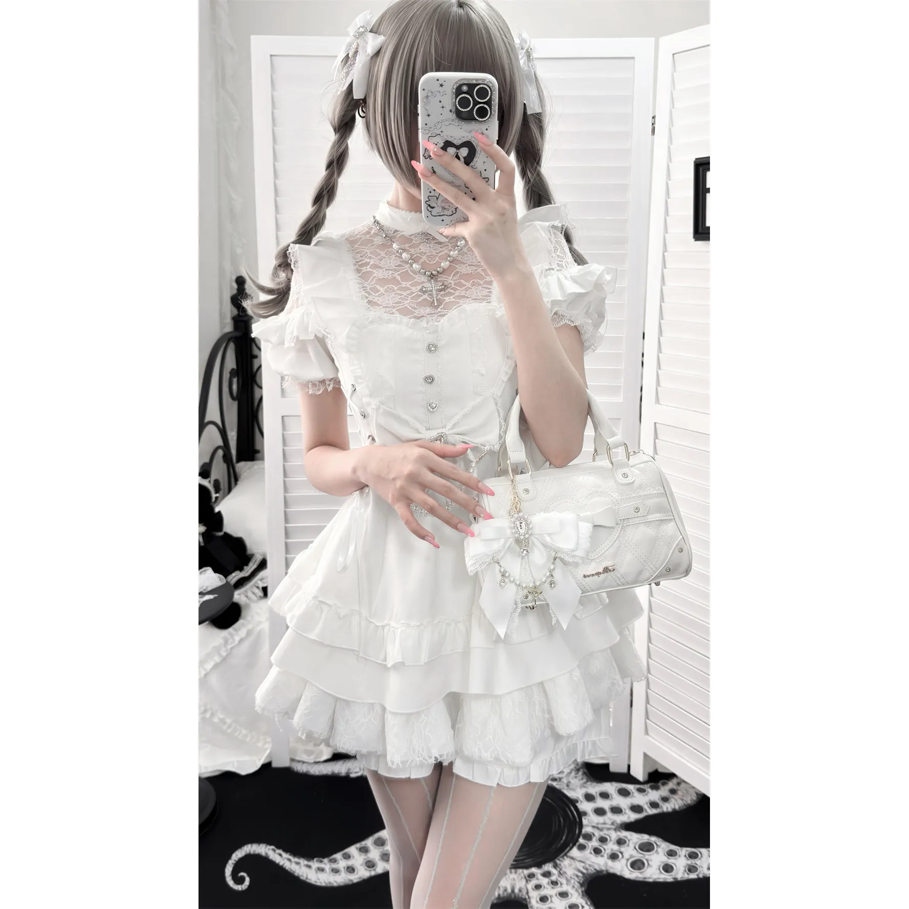 Original Japanese Mass-produced Lolita Sets Sweet Girl Shorts Set with Bow Tie Waist Slimming Women's 2 Piece Ouftis Summer