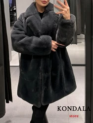 TRAFZA Vintage Gray Faux Fur Long Coats Women V Neck Long Sleeve Thick Oversized Jackets Fashion 2024 Elegant Women Outwears