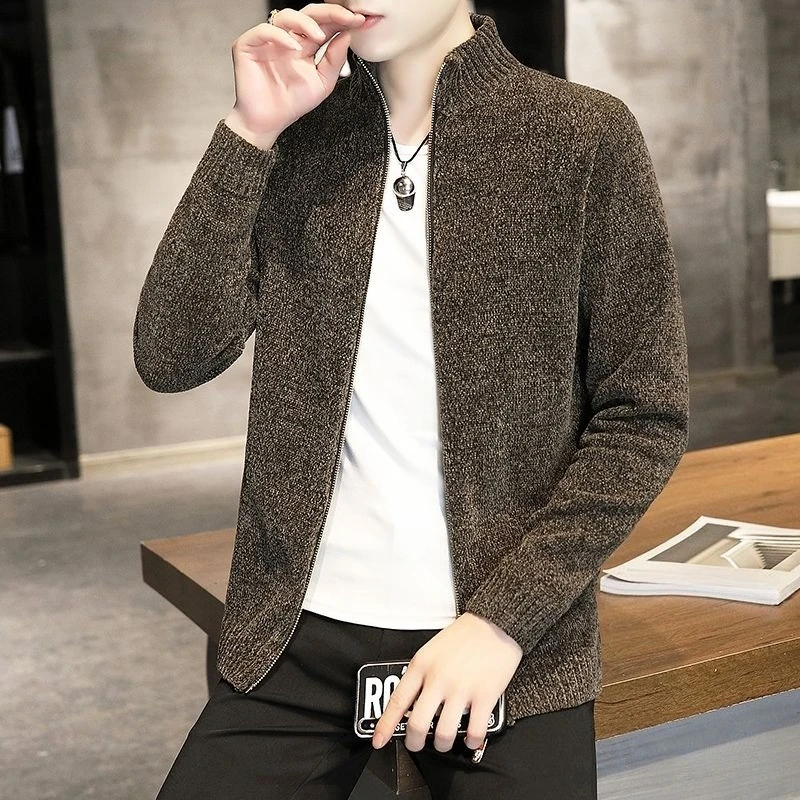 

Men's Stand Collar Windproof Knit Cardigan – Long Sleeve Casual Outerwear, Korean Style Fashion Jacket for Men Age 20-50
