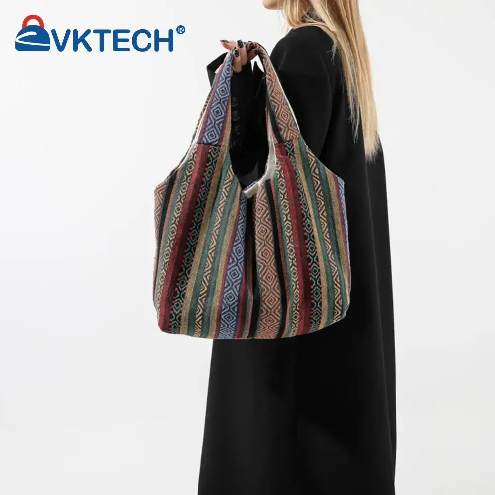 Canvas Striped Shoulder Bag Ethnic Trendy Crossbody Bag Large Capacity Sling Crossbody Purse Hippie Bag for Women and Girls