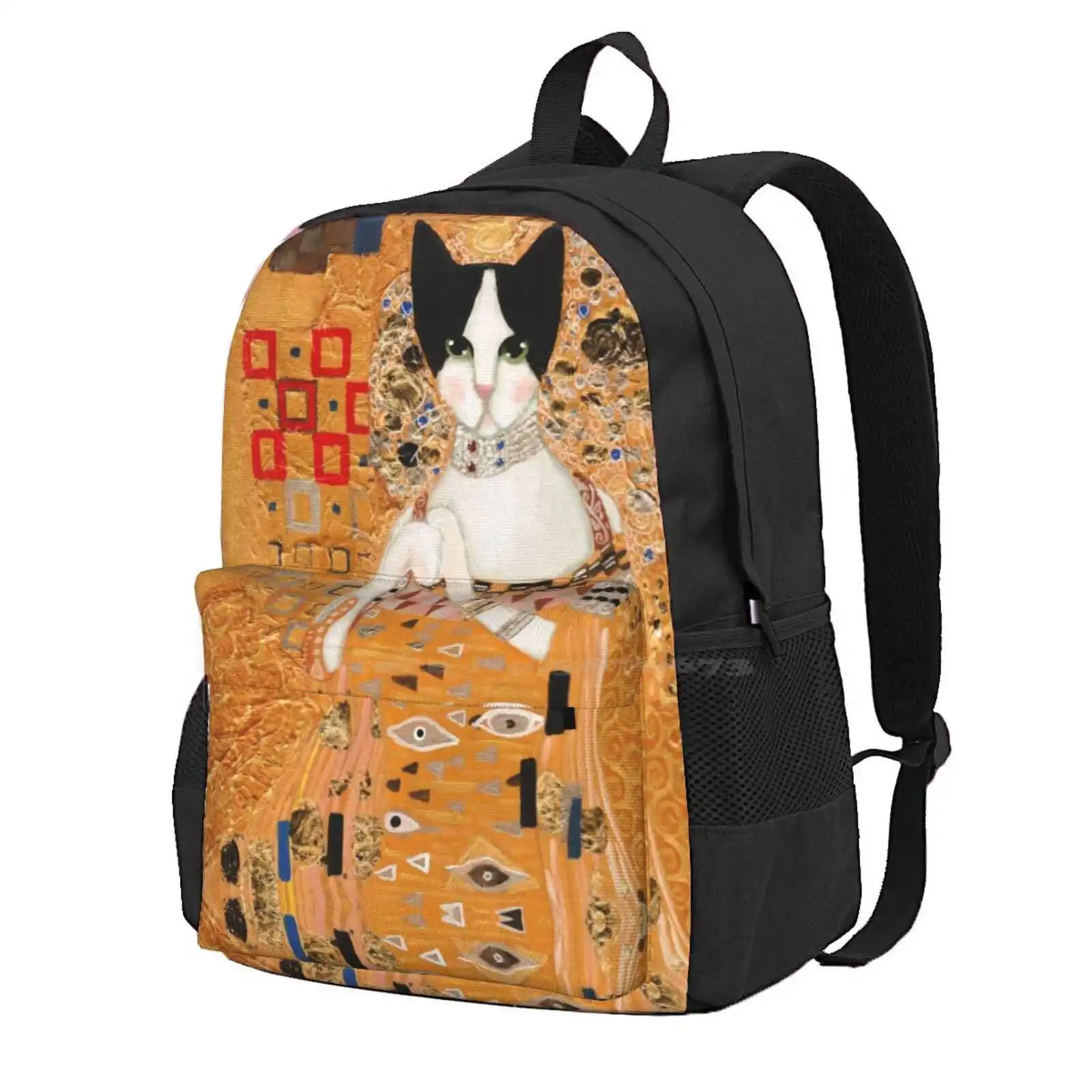 Klimt Cat Hot Sale Schoolbag Backpack Fashion Bags Folk Art Impressionism Gold Portrait Tuxedo Cat Kilkennycat