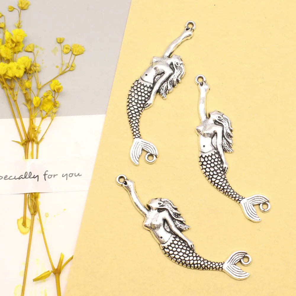 Mermaid Connector Pendants Craft Jewels For Crafts 60x15mm 5pcs Antique Silver Color