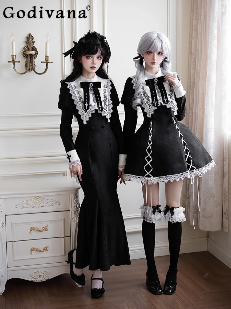 

Original French Elegant Court Black Long Mermaid Dresses Op Autumn New Women's Slim Fit Lolita Long Sleeve Dress Gothic Dresses