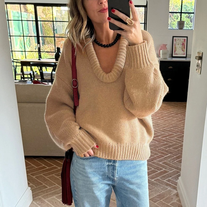 Herbst Winter Frauen U-neck Lose Pullover Top Elegante Gestrickte Warme Dicke Pullover Lässig Einfarbig Lange Ärmeln Wolle Pullover