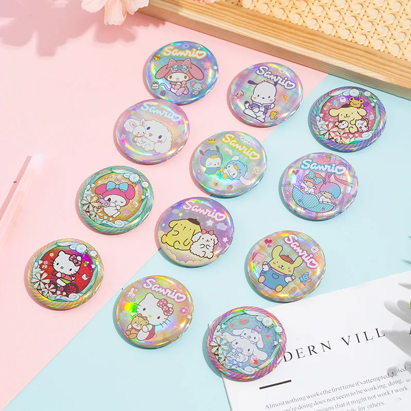 

58mm Sanrio Laser Metal Badge Kawaii Hello Kitty Pochacco Cartoon Character Cinnamoroll Kuromi Used for Bag Decoration Props Toy