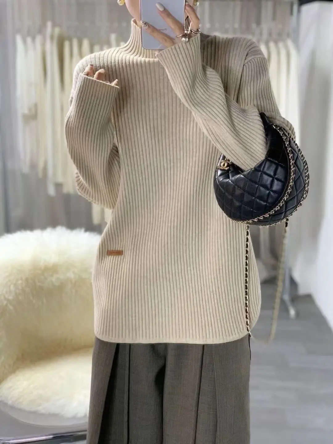 

Slimming Effect Long Sve Knitted Sweater Women's Loose Fit Overhead High Collar Vertical Stripes Base irt Top