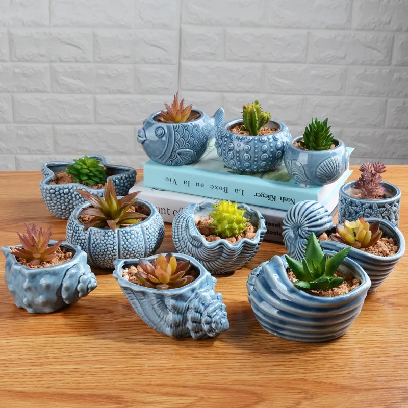 Cute Small Fish Animals Shells Conch Sea Pots Succulent Plant Pots Ceramic Control Shape Thumb Pots Garden Ornaments