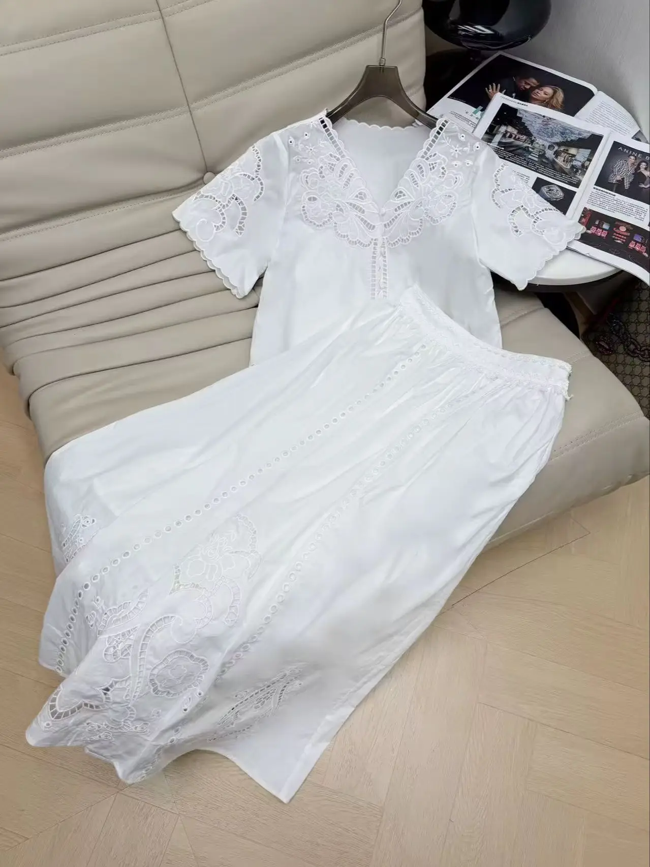 Breathable comfortable embroidered cotton hollow out two-piece set