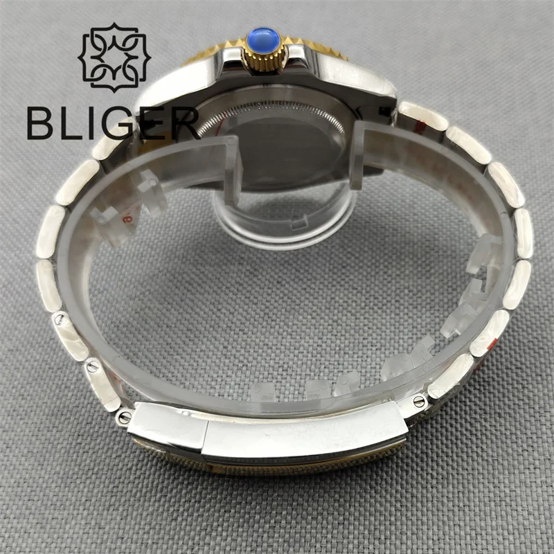 BLIGER 40mm Luxury NH34 GMT Watch For Men Two Tone Yellow Gold Bracelet Brown Dial Green Luminous Sapphire Glass Waterproof Date