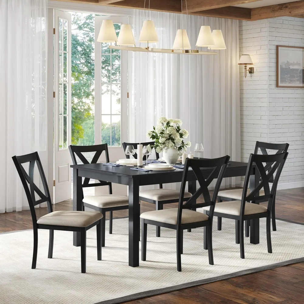 

AMERLIFE 7-Piece Farmhouse Dining Table Set with 6 Upholstered Chairs, 60 Space-Saving Dining Table & Chair Set for Dining Room,