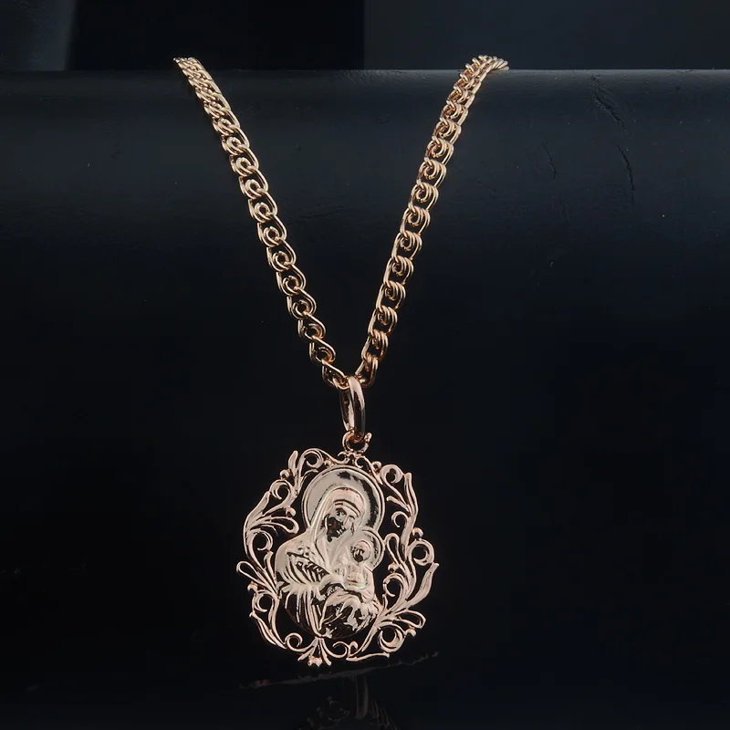 FJ Sale Womens Pendant Men 585 Rose Gold Color Moscow Matron Mother Son Necklace Jewelry