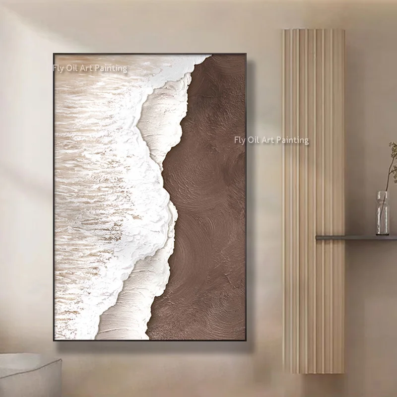 Vertical Hand-Painted Oil Painting, Heavy Texture Cream Surf Abstract, Modern Neutral Shoreline Wave Canvas Wall Art