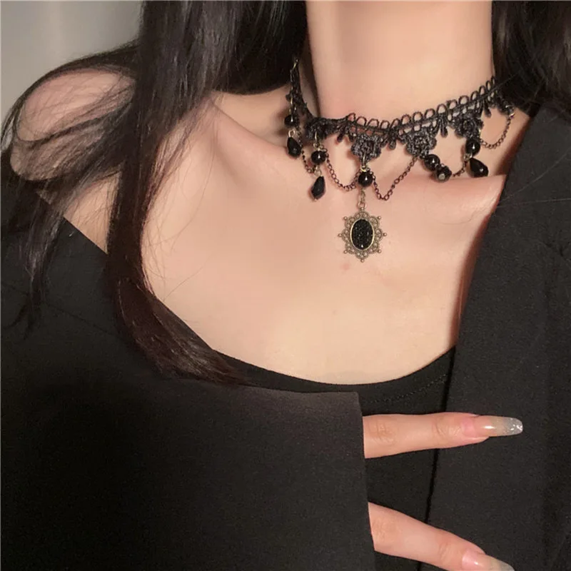 قلادة دلاية دانتيل للأميرة القوطية للنساء ، تقليد القطرات ، شرابة كريستال ، دانتيل عتيق داكن ، أسود #1