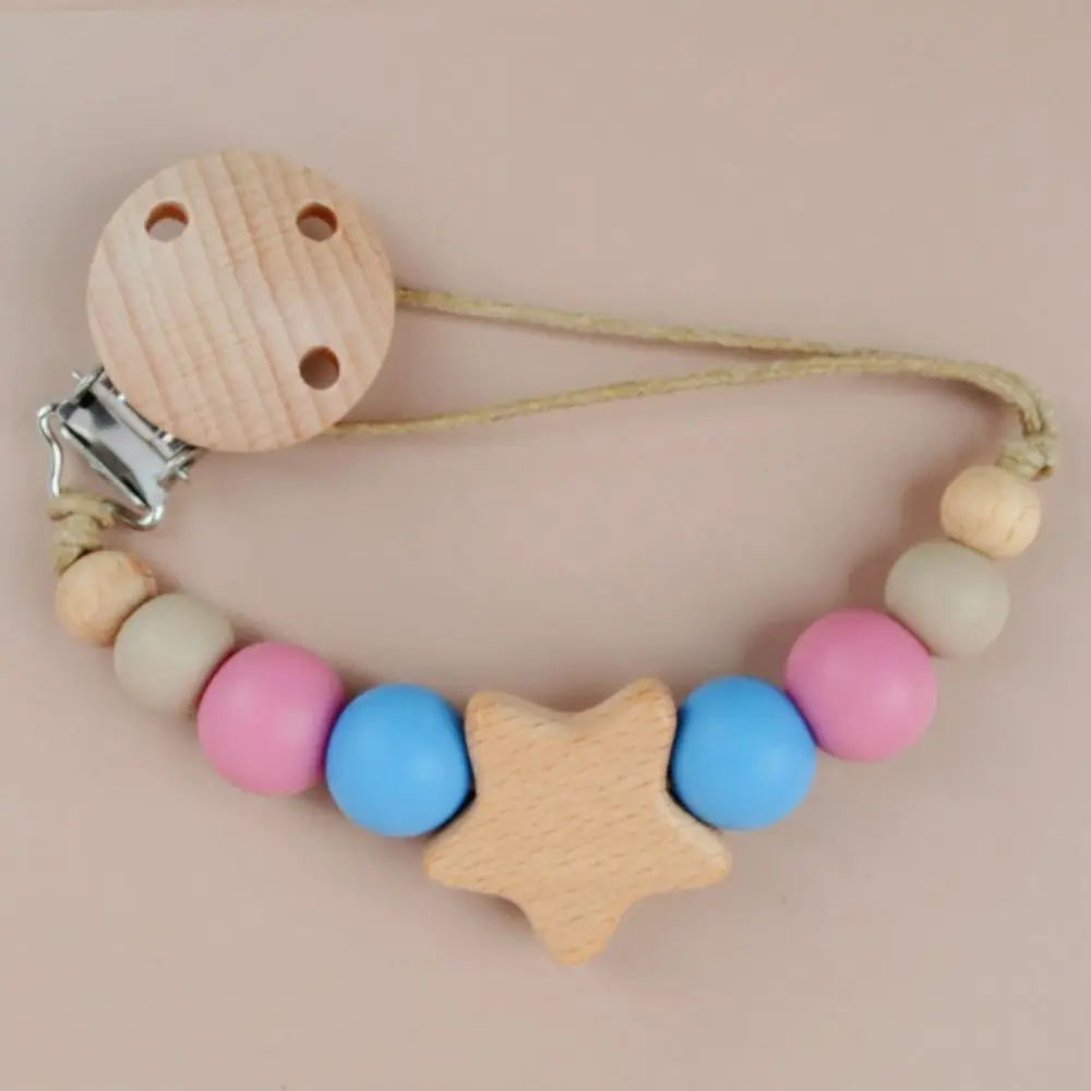 

Dummy Clips Pacifier Holder Clips Star Wood Baby Pacifier Chain Nipple Holder Clips Soother Holder Baby Teether Toys Straps Baby