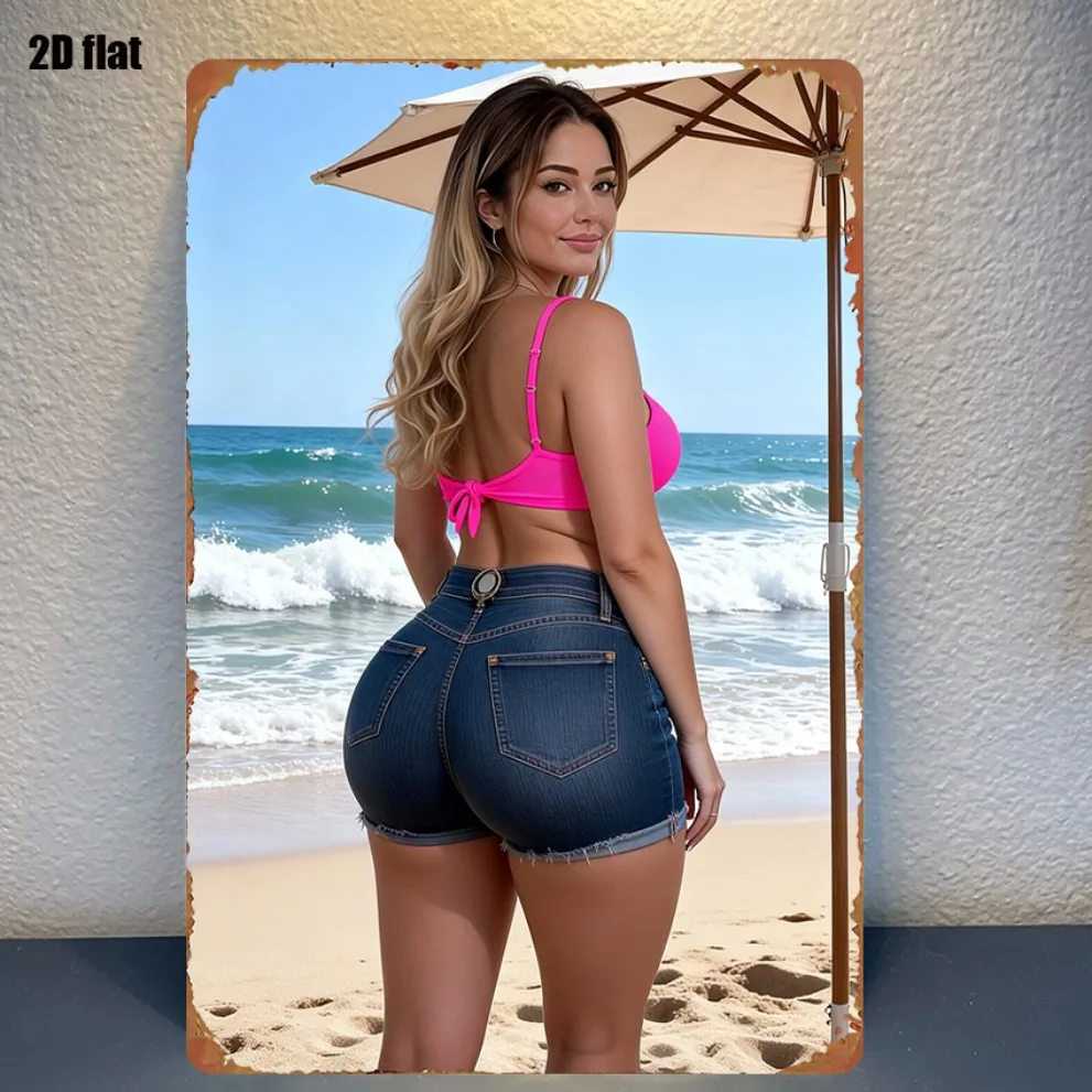 Retro Beach Woman in Pink Bikini Top & Denim Shorts Metal Tin Sign, Vintage Aluminum Wall Art Decor, High Definition Durable Iro