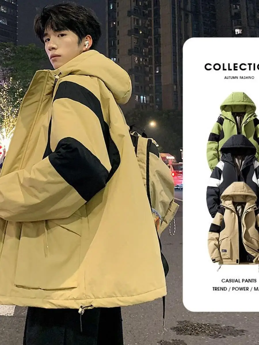 

Men's Workwear Cotton Jaet Autumn Winter Thiened Warmth Faionable Windproof Outdoor Coat Long Sve Hooded Double Button