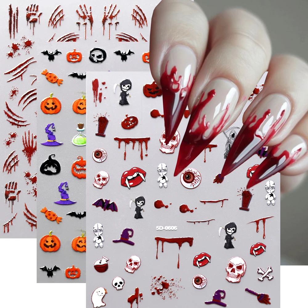 

5D Glossy Halloween Red Blood Skeleton Puppet Nail Sticker Pumpkin Ghost Bat Butterfly Skull Spooky Nail Decal Adhesive Nail Dec