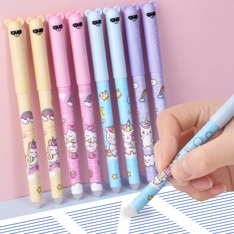 

4Pcs/Set Cute Cartoon Erasable Gel Pen 0.5mm Full Needle Crystal Blue Ink Kawaii Unicorn Bear Panda Writing School Student Pen