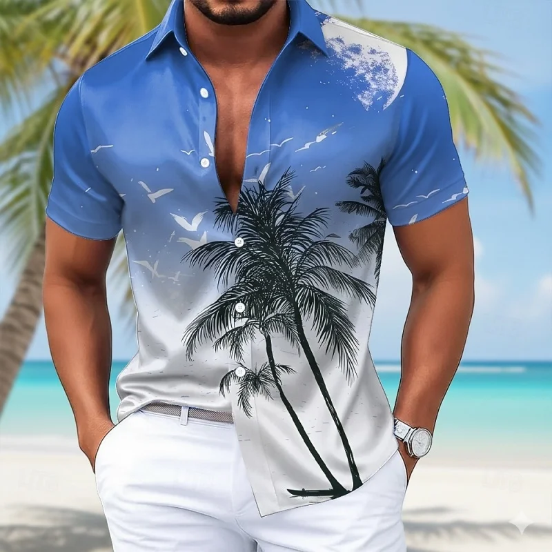 

Coconut Tree Pattern Hawaiian Shirt For Men Gradient 3D Printed Short Sleeves Summer Street Blouse Surf Beachwear Aloha Shirts