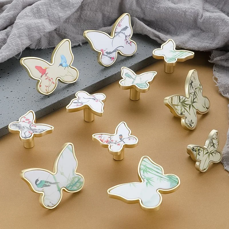 2Pcs Butterfly Floral Bird Cabinet Door Pull Handles Retro Song Dynasty Aesthetics Pulls Drawer Knobs for Wardrobe Cupboard DIY