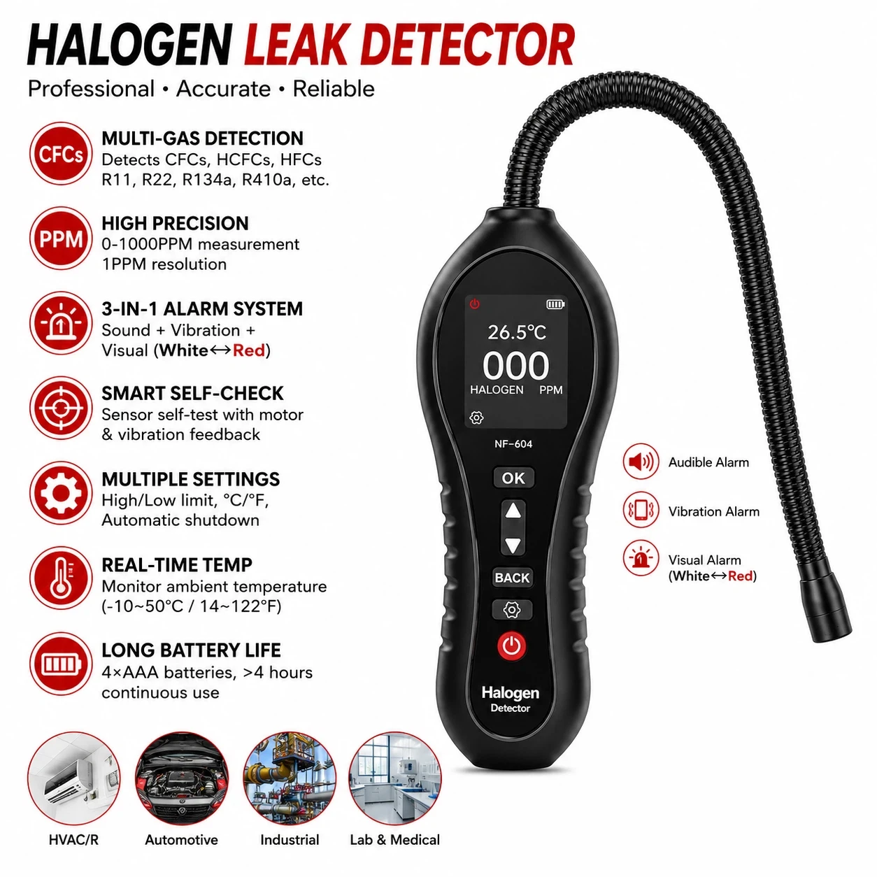 Halogen Gas Detector Refrigerant Leak Detector R134a R22 R410a 0 1000 PPM Color Screen Beep Vibration Alarm for HVAC AC