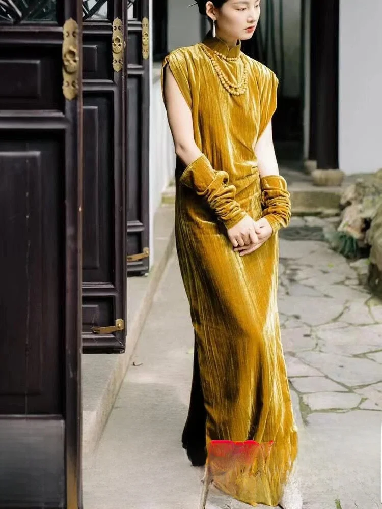 

New Chinese Sle Retro Ele Women's Dr Slimming Split Wedding Dr Straight Collar Long Skirt Polyester Fiber