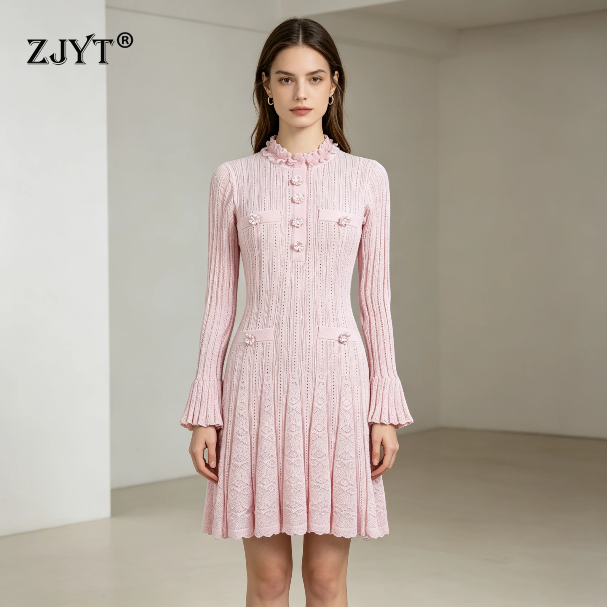 ZJYT Women's Flare Sleeve Knitted Sweater Dresses for Autumn Winter 2026 Elegant Sweet Pink Mini Casual Party Dress Vestidos