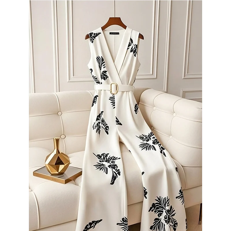 สุภาพสตรีอารมณ์คอวีกางเกงจั๊มสูทเสื้อผ้าผู้หญิงฤดูร้อน 2025 ใหม่แฟชั่นการพิมพ์รัดตัวบางแขนกุดกางเกงขากว้าง