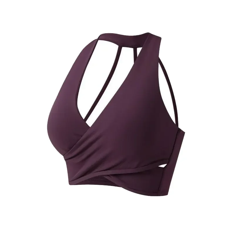 Corp Top Gym Cross Plissee Slim Yoga-Top für Damen mit festen Cups, stoßfest, sexy, tiefem V-Ausschnitt, Neckholder, schöner Rücken, Sport-BH – Detail 3