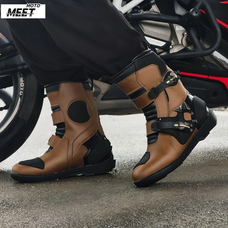 Men's Leather Motorcycle Riding Boots, Breathable Lining, Durable & Comfortable Anti-Slip Motorbike Shoes for Street Riding