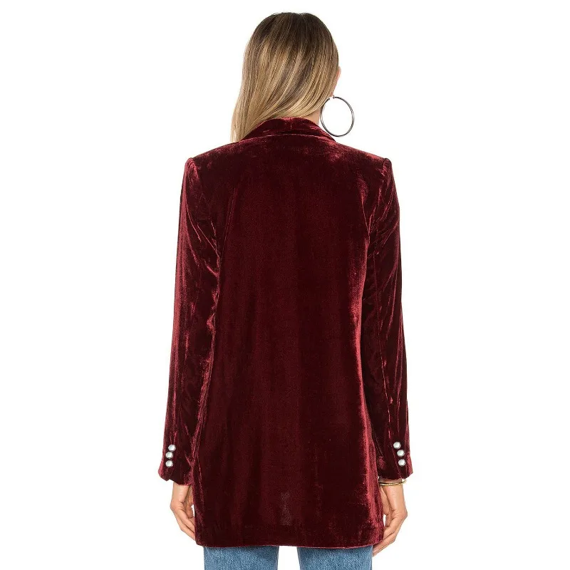 Autumn Winter Women Casual  Solid Color Open Front Long Sleeve Lapel Suit Jacket Leisure Business Golden Velvet Women Coat