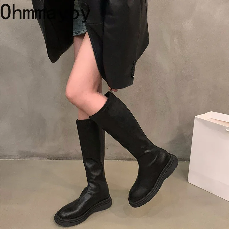 2024 New Autumn Women High Boots Fashion Ladies Soft Leather Flats Long Boots Back Zippers Women\'s Footwear