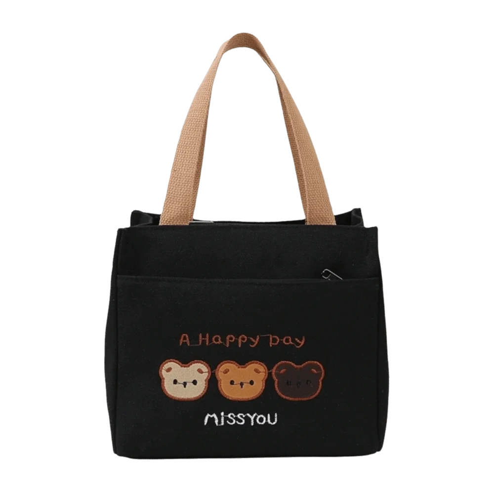 Casual Cute 3 Bears Embroidery Tote Bag Large Capacity Zipper Closure Storage Pouch Lightweight Reusable Handbag Daily Use