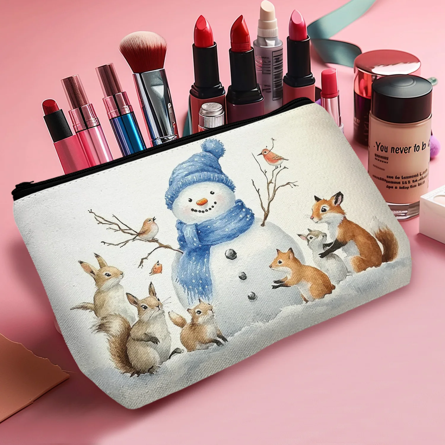 1Pc Cartoon Art Animal Makeup Bag Snowman Aesthetic Durable Zipper Portable Women Cosmetic Bag Best Gift For Friends A