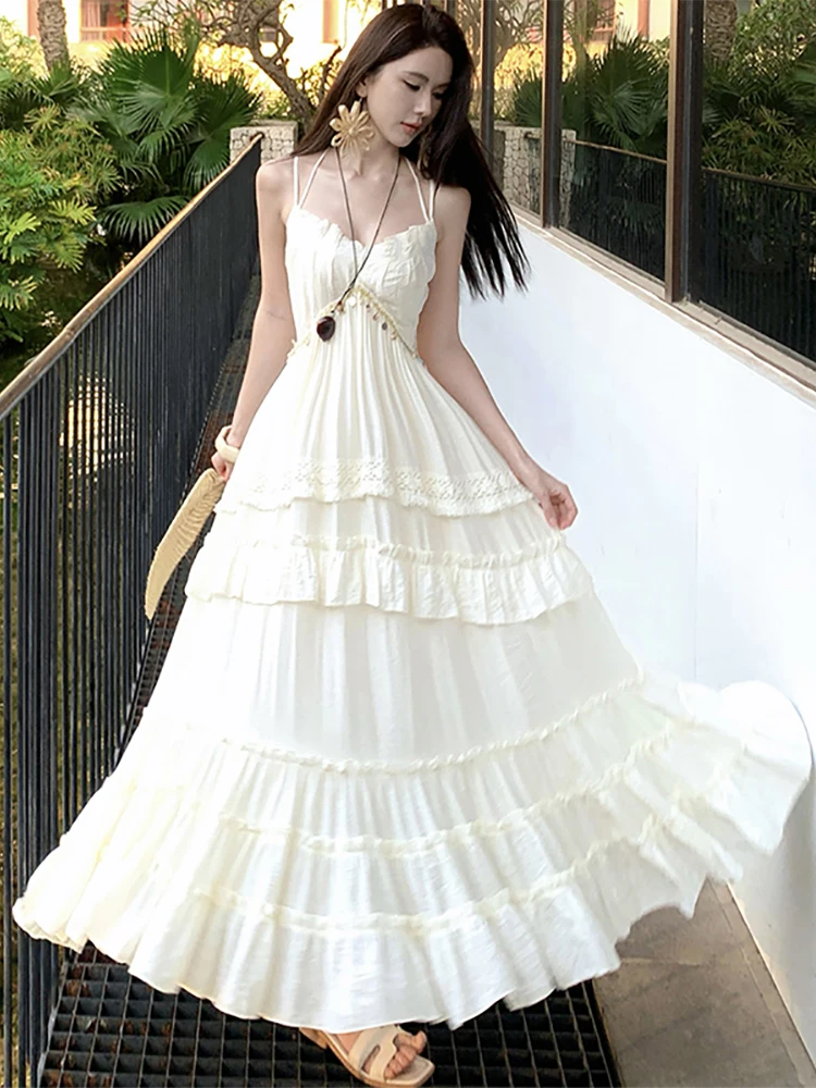Summer White Patchwork Lace Ruffled Maxi Dress Women Elegant Luxury Square Collar Sling Dress 2026 Korean Vintage Evening Dress