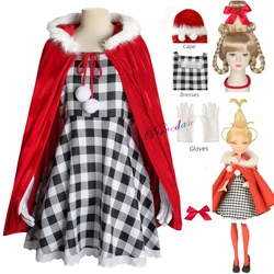 Cindy Lou Who Coaplay Costume Red Hood Cloak Plaid Dress Green Braid Wig Monster Cosplay Costume Christmas Outfit Women Girls