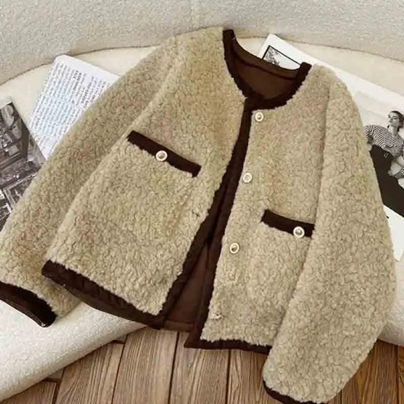 Lucyever Autumn Winter Lamb Wool Jacket Women Korean Thicken Contrast Short Plush Outwear Female Vintage Loose Long Sleeve Coat