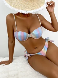 Sexy Rianbow Shell Bikini Set 2024 Women Luxury Pink Gradient Pearls Stap Push Up Underwire Swimsuit Strój kąpielowy Stringi Stroje kąpielowe