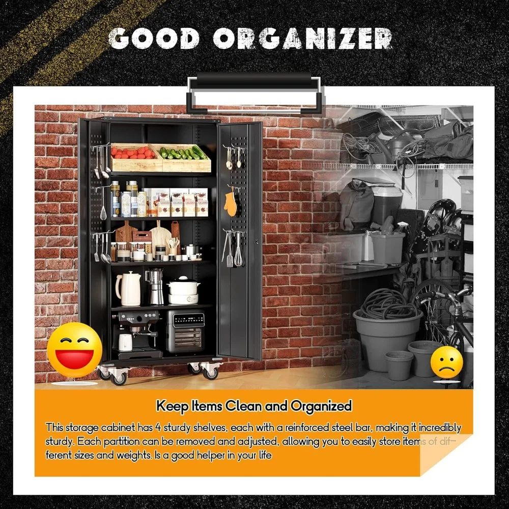 ตู้เก็บของโลหะแบบมีล้อ ขนาดสูง 72 นิ้ว 2 ประตู ชั้นวางปรับได้ ทำจากเหล็กสีดำ สำหรับจัดระเบียบโรงรถ