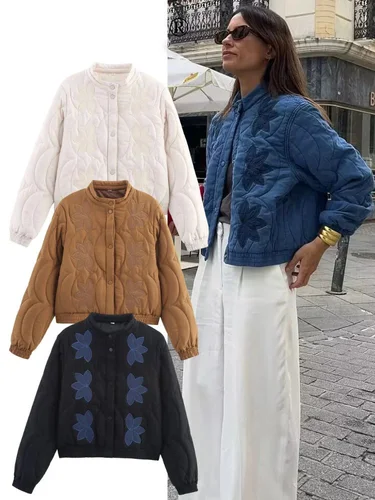 HH 2025 moda mujer Chaqueta de algodón acolchada otoño mujer manga larga bordado acolchado abrigos cortos señora High Street prendas de vestir