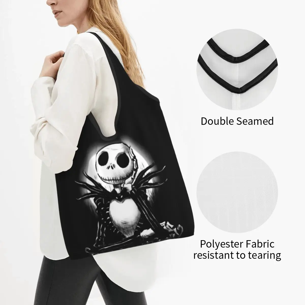 Custom The Nightmare Before Christmas Groceries Shopping Bags Shopper Shoulder Tote Bag Movie Skeleton Jack Night Handbag