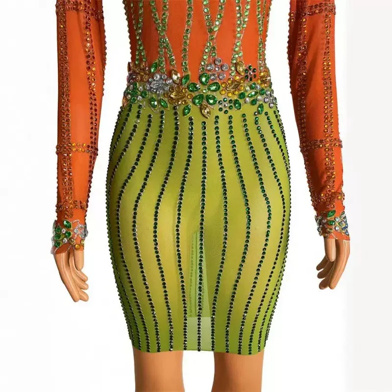 Sparkly Diamond Short Dress Sexy Mesh See Through Celebrate Evening Party Singer Performance Costume Luxury Birthday Dress