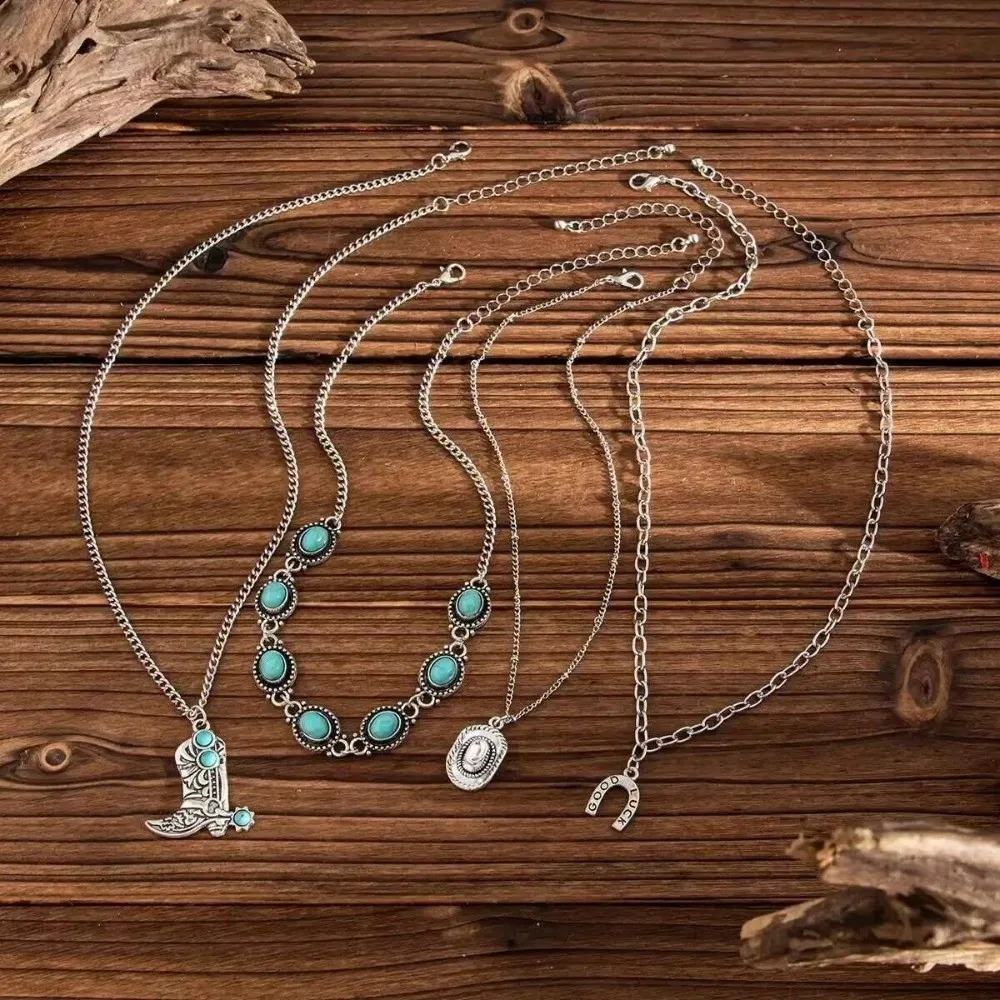 4Pcs/Set Vintage Alloy Pendant Boho Jewelry Chain Blue Stone Cowboy Hat Pendant
