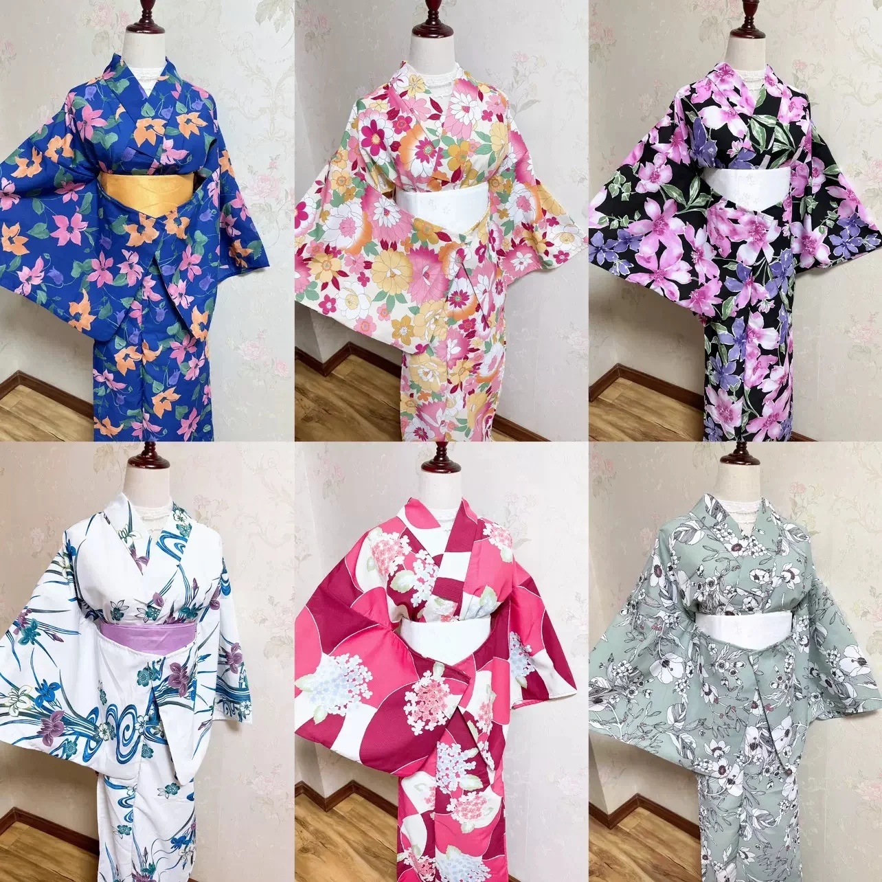 

Women's Japanese Traditional Kimono with Obi Floral Prints Formal Yukata Cosplay Costume Photography Dress