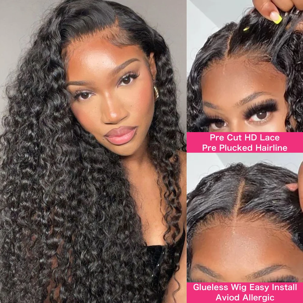 Glueless HD Lace 13x6 Frontal Wig Human Hair 250% Curly Full Hair Wigs 7x5 HD Transparent Lace Closure Wigs Deep Wave Glueless Ready Wear Go Wig Beginner Friendly