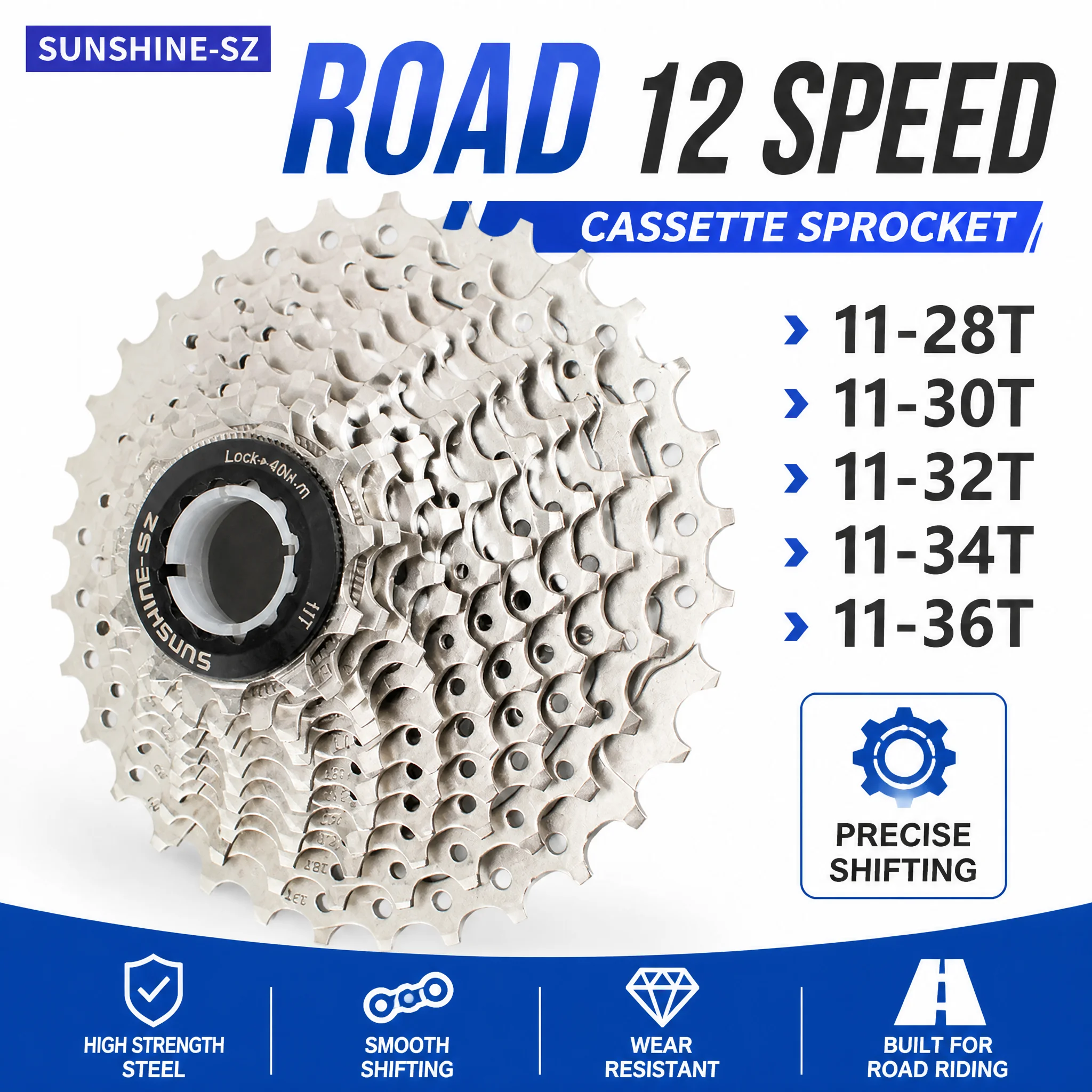 SUNSHINE-SZ 12-Gang Rennrad-Kassette 11-28T/30T/32T/34T Hochfester Stahl Verschleißfeste Kassette für Reibungsloses Schalten