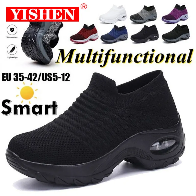 YISHEN Women Tennis Shoes Sports Sneakers Cushion 5CM Platform Elastic Casual Shoes For Women Breathable Sock Walk Wedge Shoes