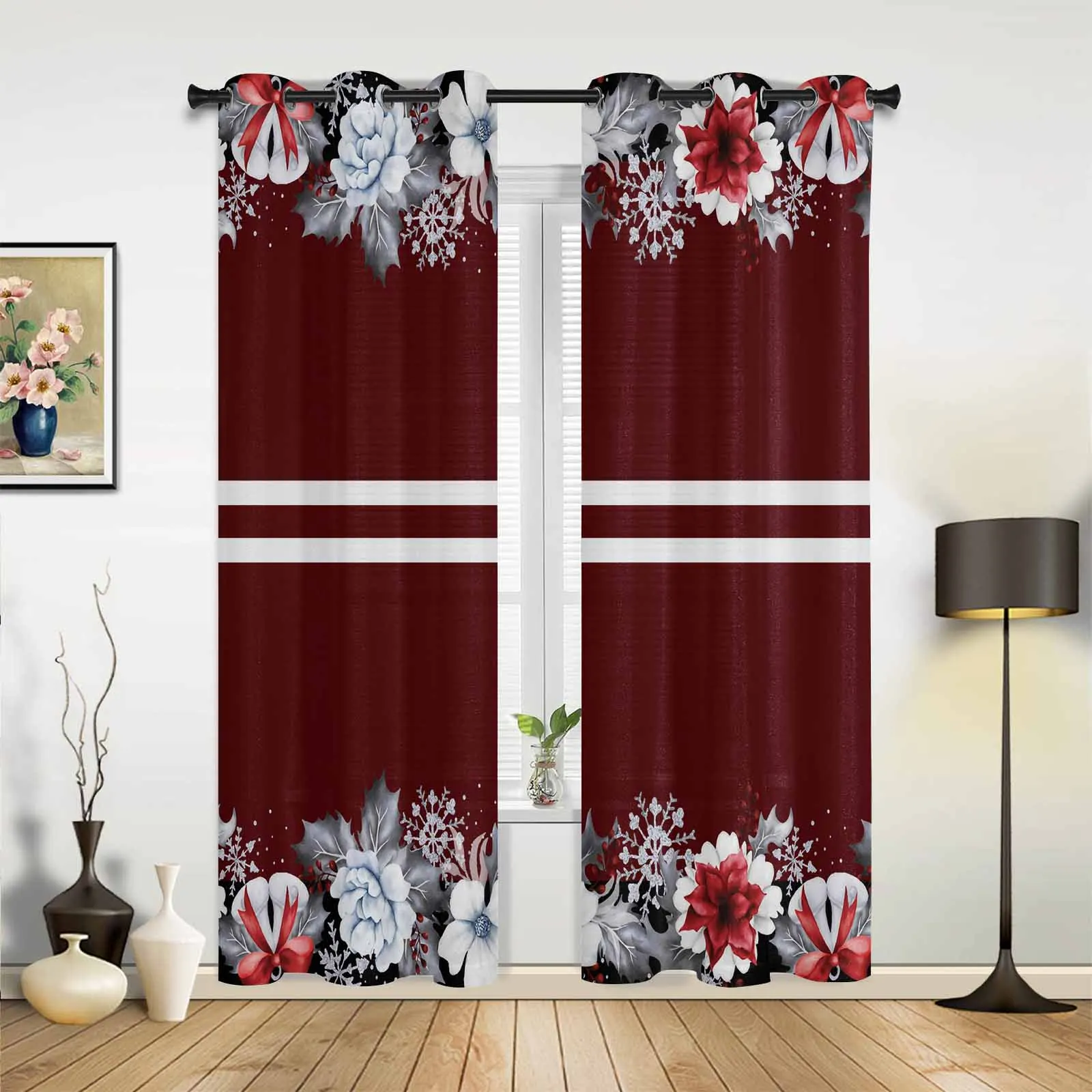 Christmas Flower Bell Windows Curtains Living Room Luxury Decor Christmas Curtains Bedroom Kitchen Window Drapes